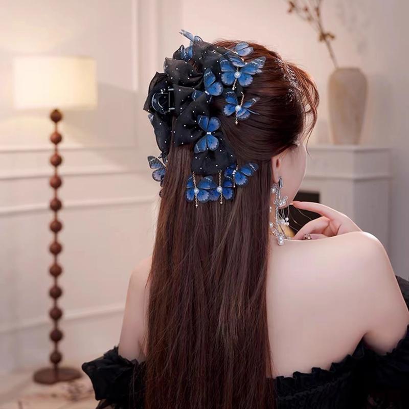Fashion Elegant Butterfly Tassel Hair Claw Temperamental Mesh Shark Clip Ponytail Hair Clip Hair Accessory For Women