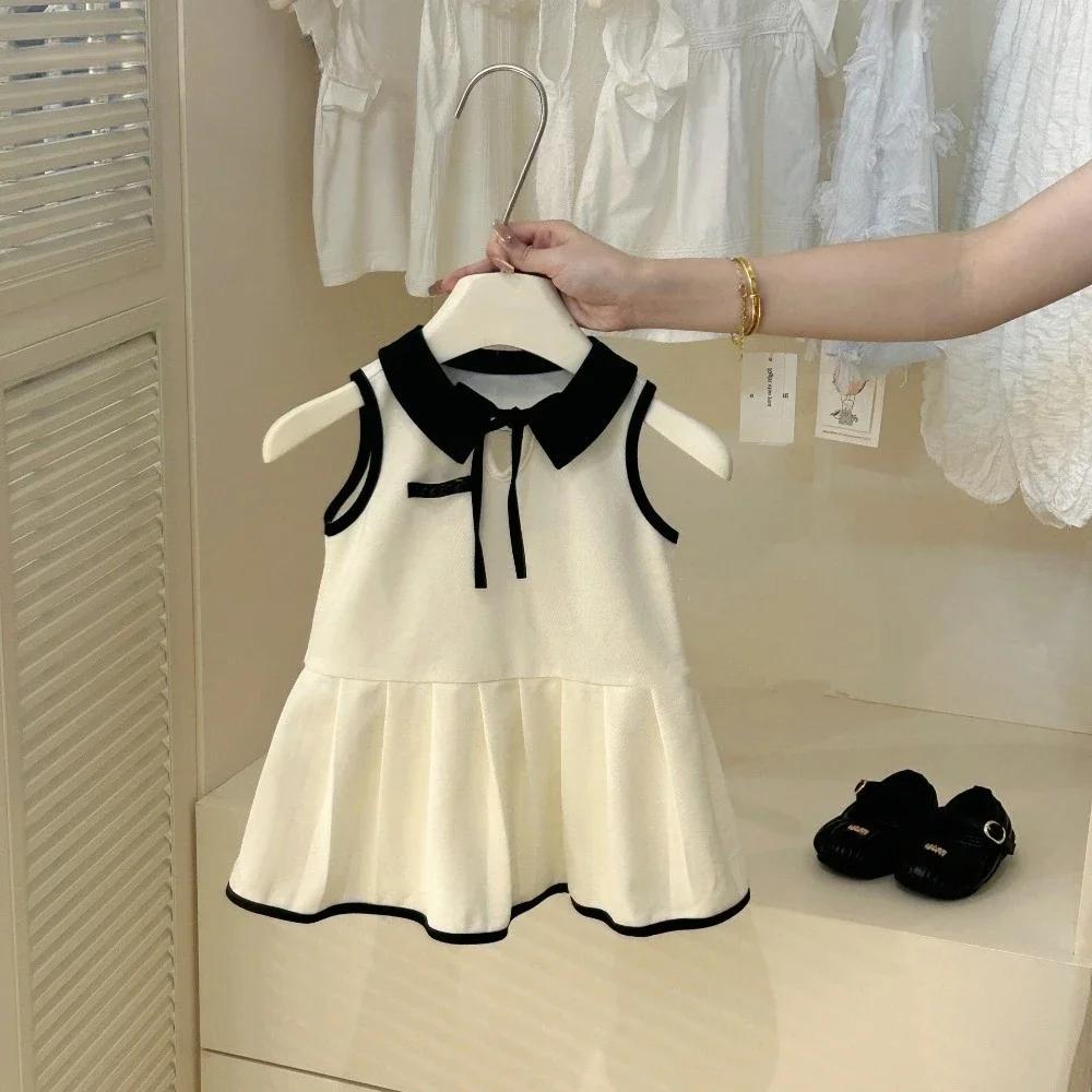 Summer New Beige Sleeveless 2-7Y Girls Casual Dresses Lapel Pleated Vest Fashion Simple Children s Clothes 7Y