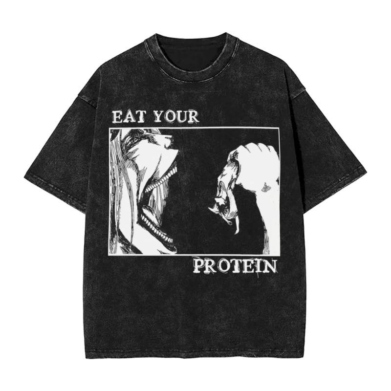 Washed TShirts Eat Your Protein Aot Eren Yeager Attack on Titan Hip Hop Cool T-Shirts Streetwear Tee Shirt Men Women 2026 Summer S