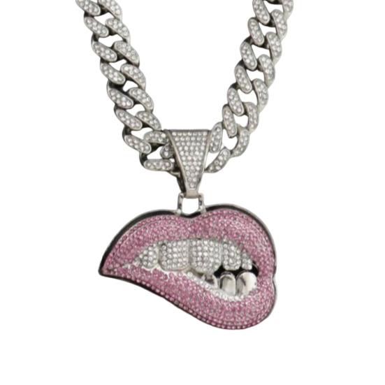 Hip Hop Cuban Link Chain Necklace Crooked Lip Pendant with Rhinestone