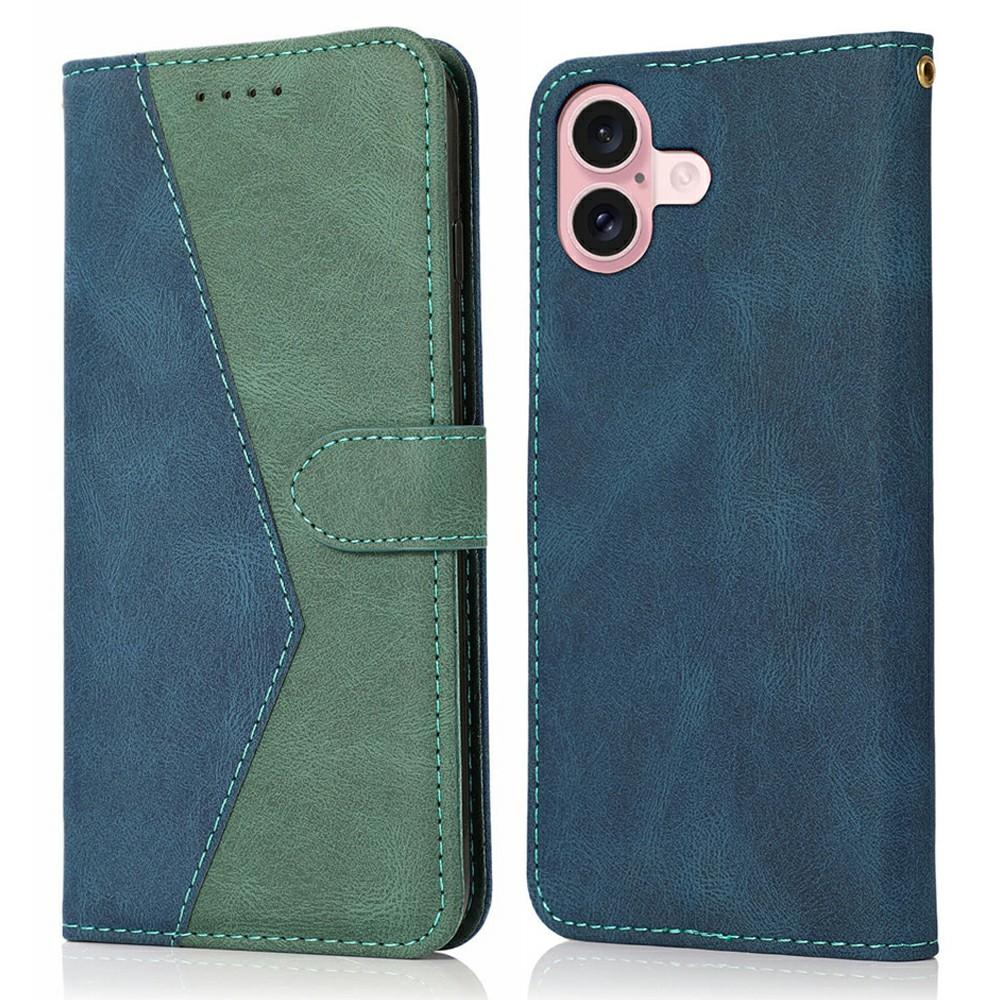 

For iPhone 17 Case Color Splicing Wallet Stand Leather Phone Cover with Wrist Strap Blue/Green