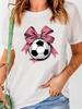 Women's Comfort Fit Crew Neck Short Sleeve T-Shirt, Soccer Bow Graphic Print, Versatile Casual Outfit, Cute Gift For Soccer Fans