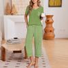 Women Casual Loose Fit Short Sleeve T Shirt and Capri Pants Pajama Set V Neck Top and Polka Dot Print Bottoms Lounge Wear Set