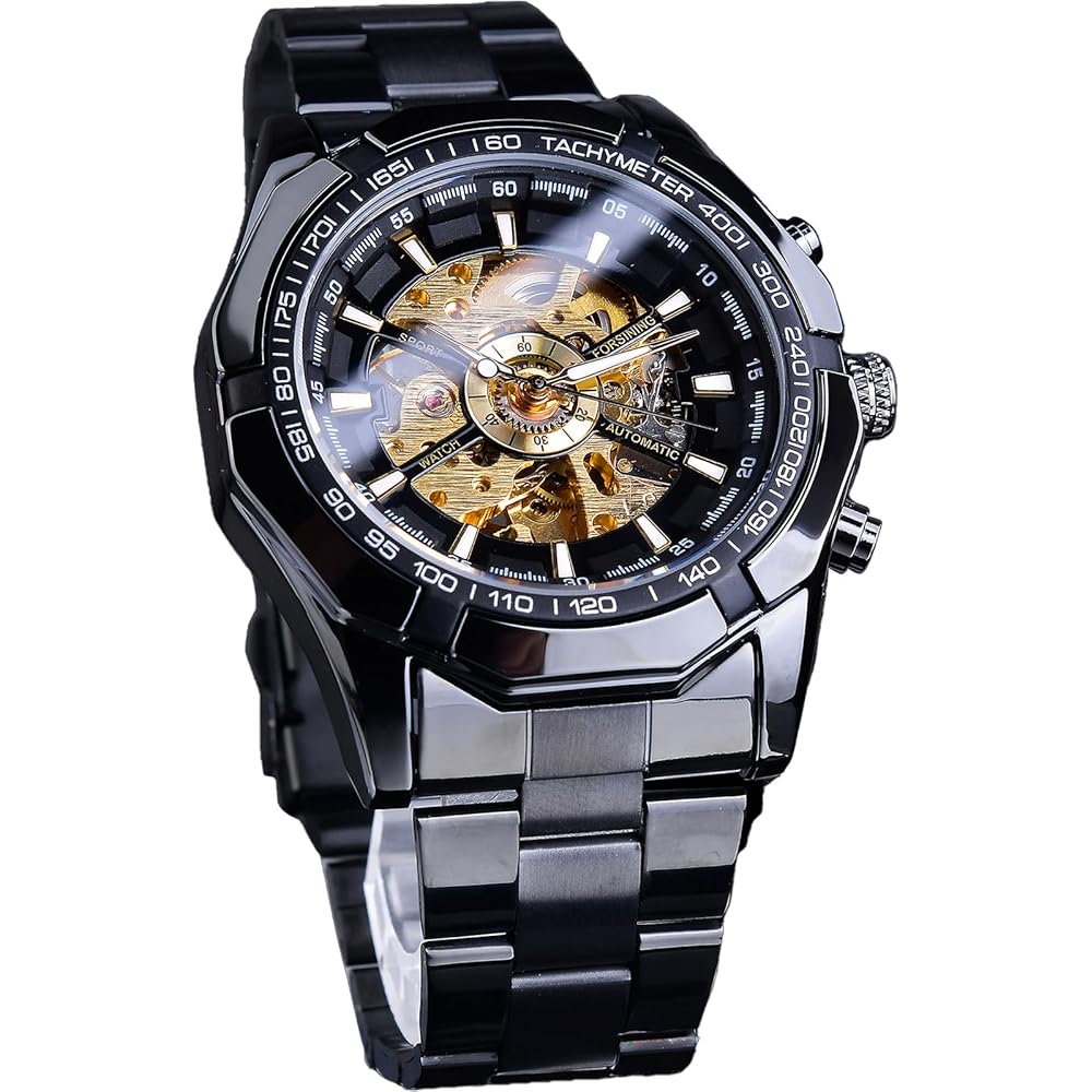 Forsining Men s Automatic Skeleton Watch Blue Black Stainless Steel Band Waterproof Modern Design