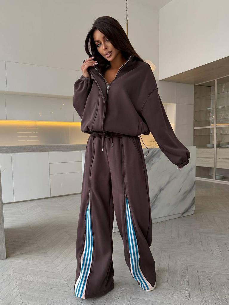 Casual suit, drawstring contrasting sweatshirt, straight trousers two-piece set