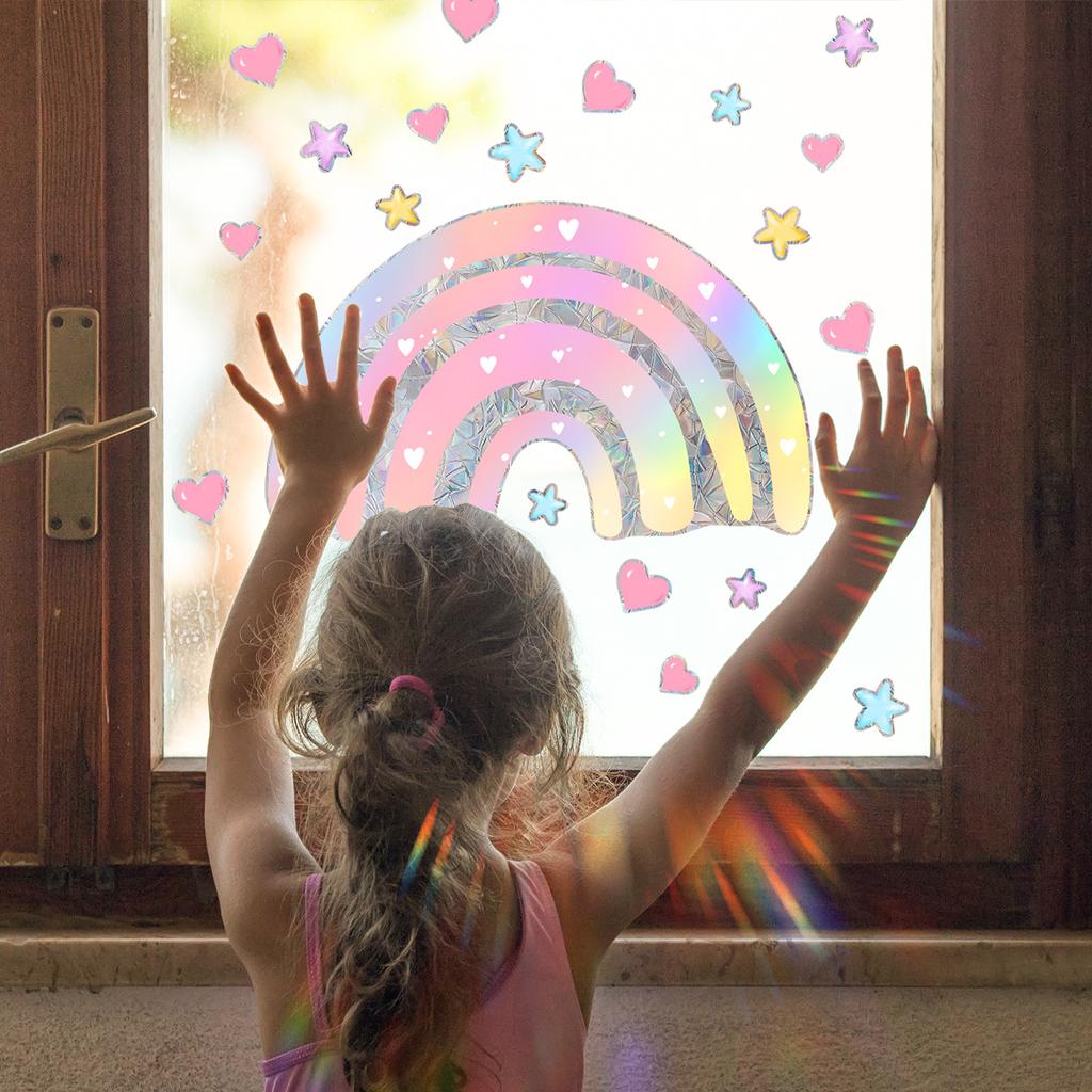 Xc1528 Pink Gradual Change Rainbow Love Stars Sunshine Colorful Static Sticker Anti-Collision Glass Sticker Window Sticker