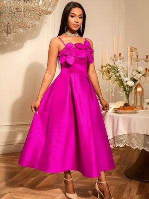 Abiti Rosso Rosa A-line con Spalline Sottili e Fiori 3D Schiena Scoperta Vita Alta Lunghi Abiti da Sera per Donna Festa Cocktail