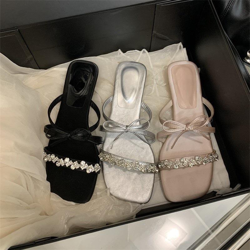 Gentle Fairy Wind French Rhinestone Bow Low Heel Cool Slippers Female 2025 Summer Beautiful Skirt Pink Outer Wear