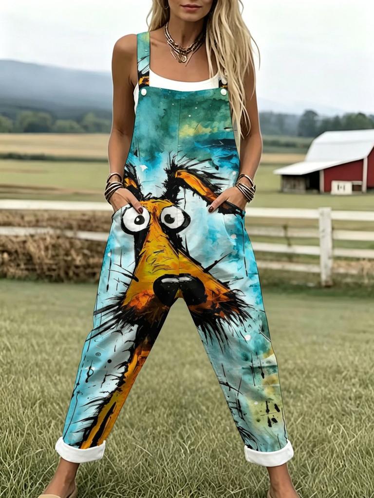 Watercolor Graffiti Cartoon Dog Print Overalls Women's Loose Wide Leg Casual Pants