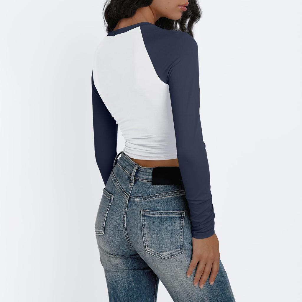 Women's Long Sleeve Shirts Slim Fit Stretchy Color Block Slightly Cropped Tops