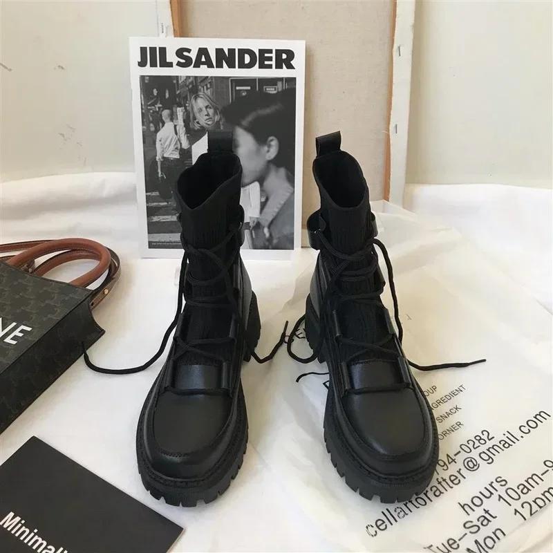 2025 New Women Motorcycle Boots Ladies Casual Stretch Fabric Socks Boots Fashion Cross-tied Women Shoes Platform Boots Gothic
