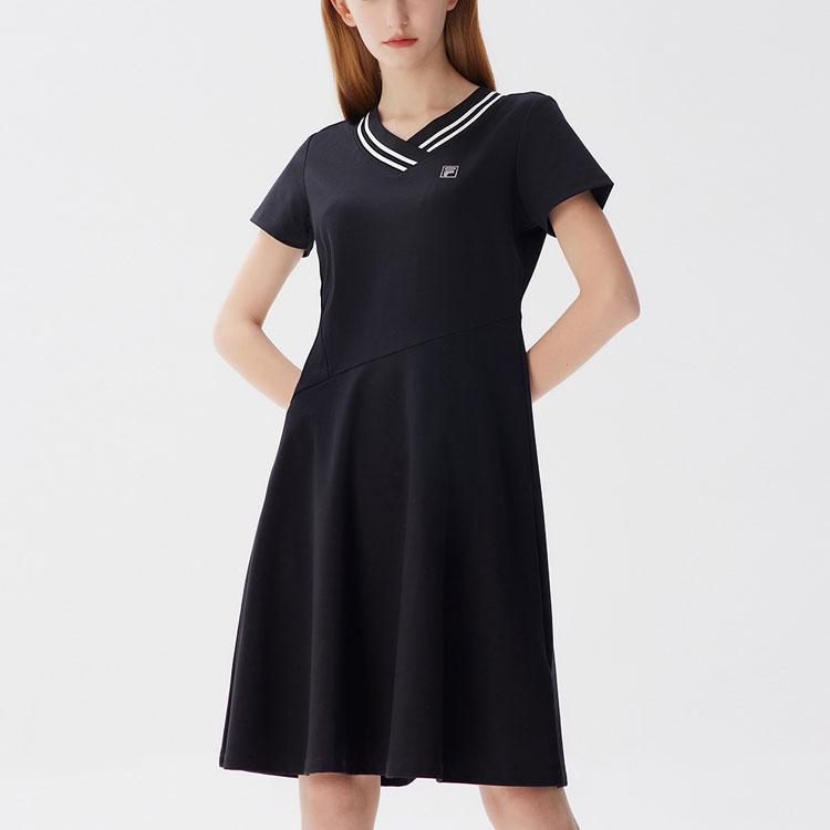 Fila Logo V-Neck Sporty Fashion A-Line Short Sleeve Dress Women Dresses Black F11W128305F-BK