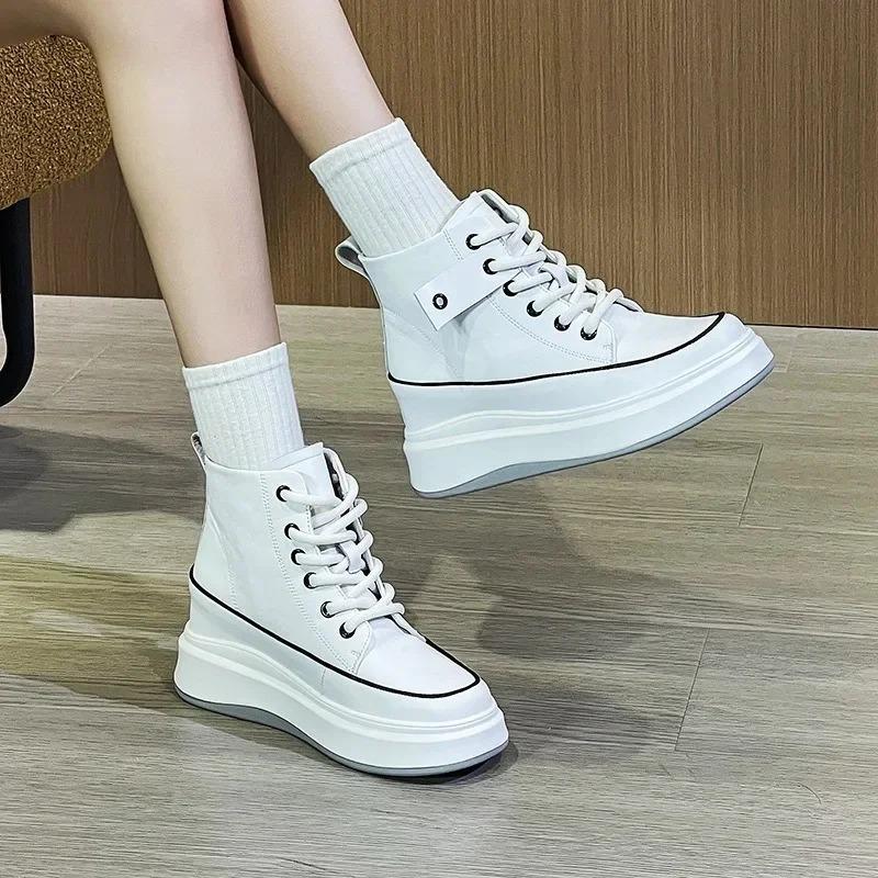 New Genuine Leather High Top Casual Shoes Platform Inside Increased Shoes Weges Small Size Women's Shoes High Heels