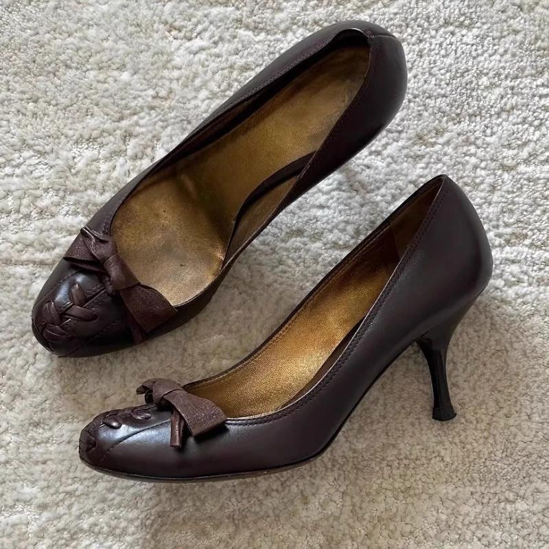 Retro Round Toe Elegant High Heels Ladies Cross Straps Shallow Fashion Designer Party Dress Shoes Women Pumps Zapatos De Mujer