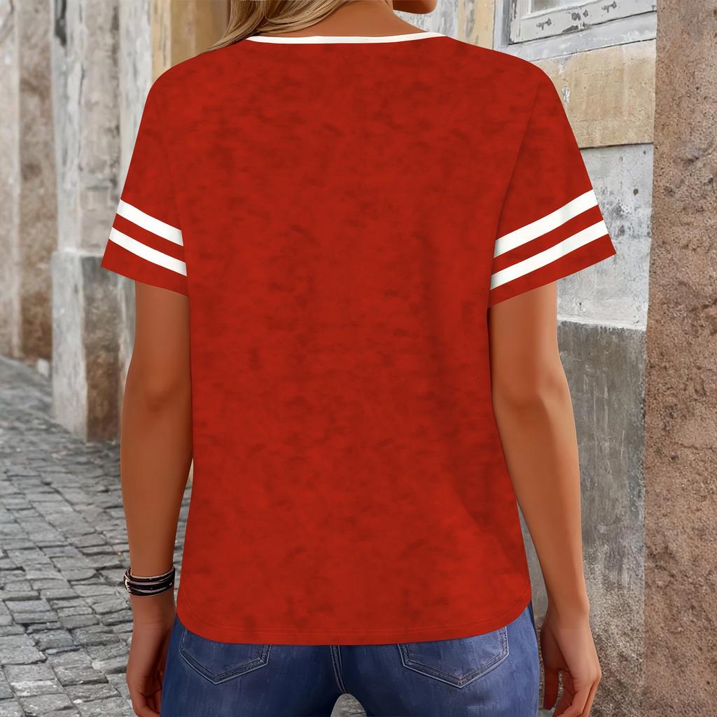 Women's Fashion V-neck Contrast Short Sleeve T-shirt Top