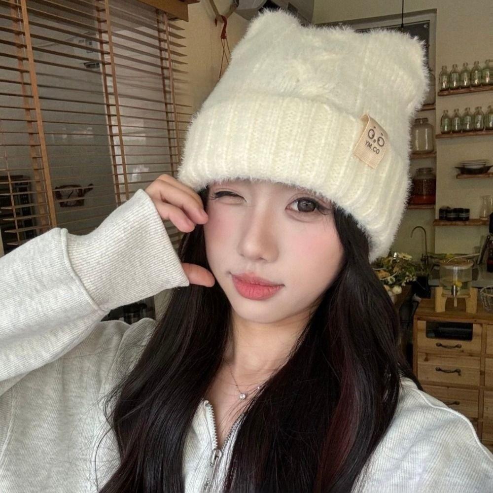 Cold Proof Knitted Beanie Hat Thermal Winter Skull Cap Fashion Cat Ear Beanie Daily Wear