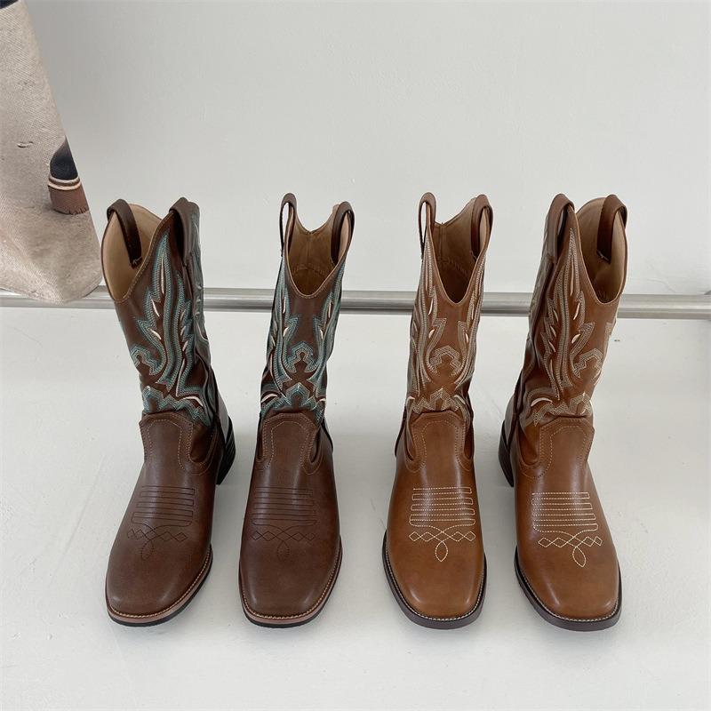 Chunky-heeled Boots Sleeve Knight Boots Mid-calf Square-toed Vintage Shoes