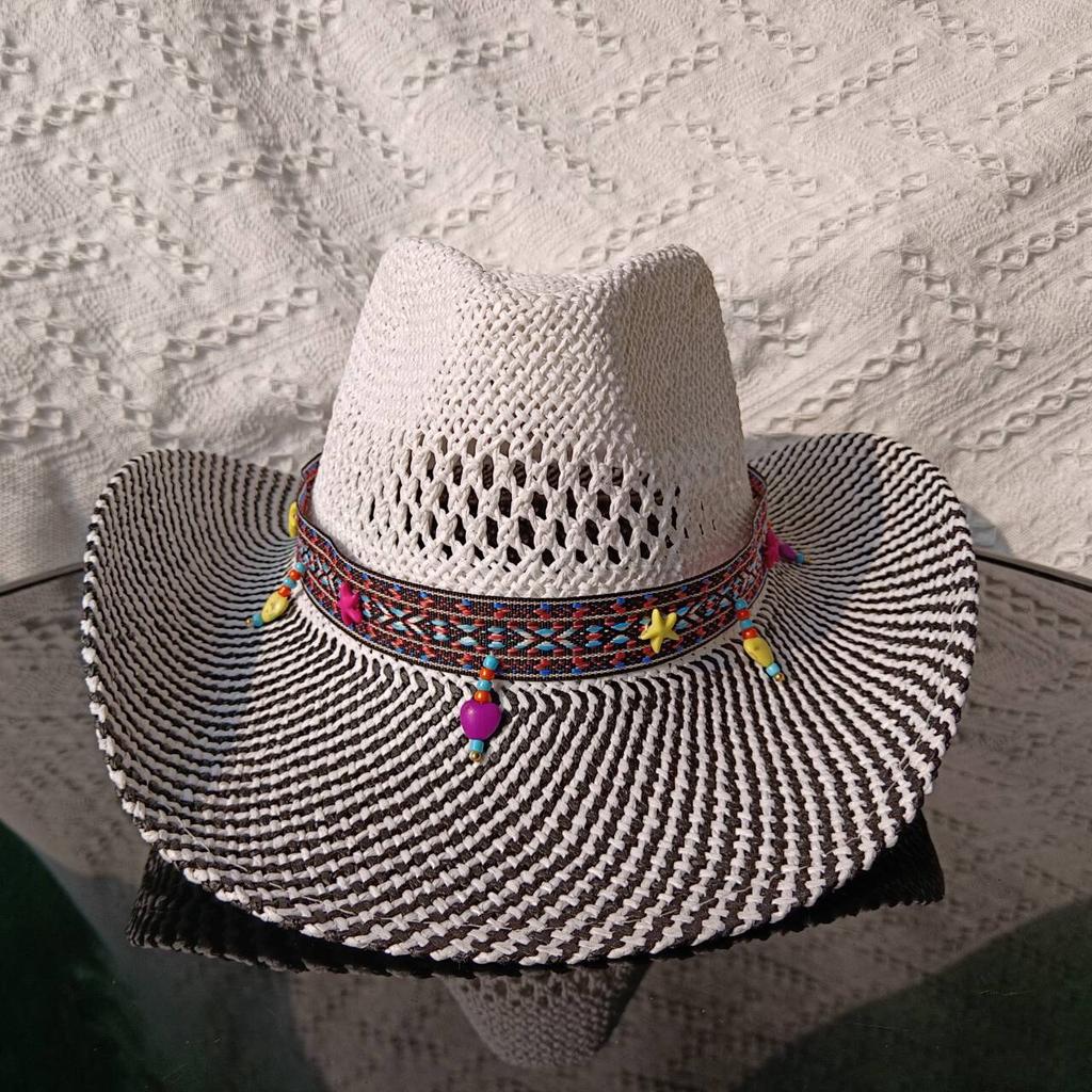 Matcha Green Cowboy Straw Hat Handwoven Hollow Men's and Women's Summer Sun Hat Western Cowboy Straw Hat  sombrero vaquero