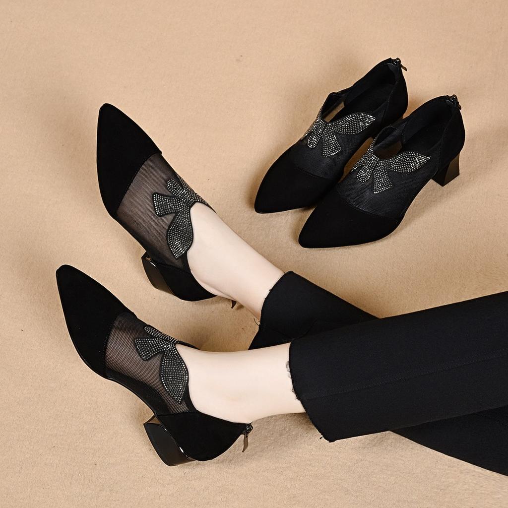 Pointed Mesh Single Shoes Women's Spring and Summer Simple Temperament Designer Rhinestone Butterfly Flower Zipper Small Single Shoes