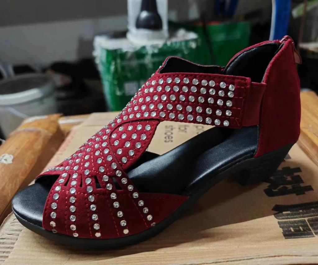 Fashion European and American fish mouth high-heeled sandals for women's summer new cross rhinestone back zipper Roman sandals