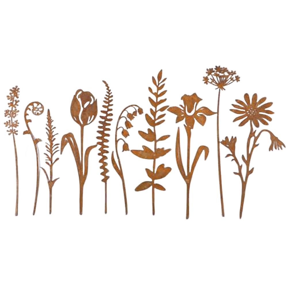 Outdoor Garden Metal Flowers Set of 10 with Rustic Finish Perfect for Enhancing Lawns Pathways and Pot Plant Displays