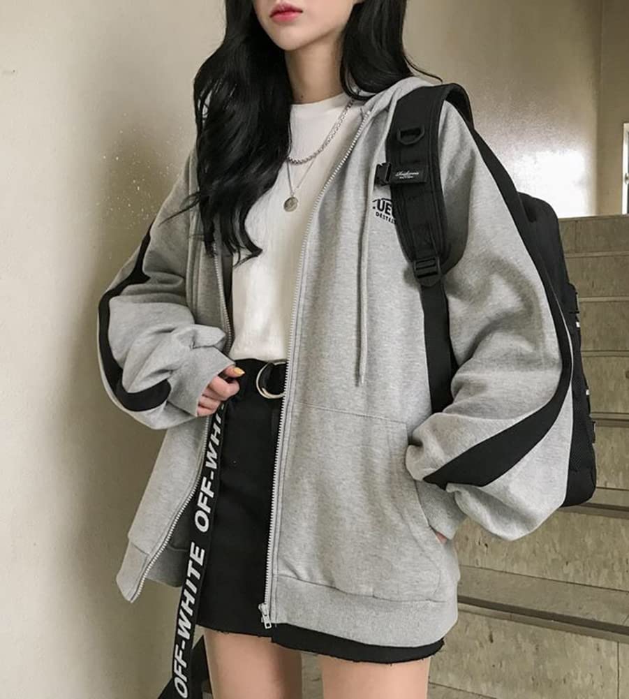 ASARANS Loose with Stylish for and Winter Women's Zip-Up Hoodie, Fleece-Lined, Warm, Zip-Up, Fit, Hood, Spring, Autumn, (Size L, Gray)