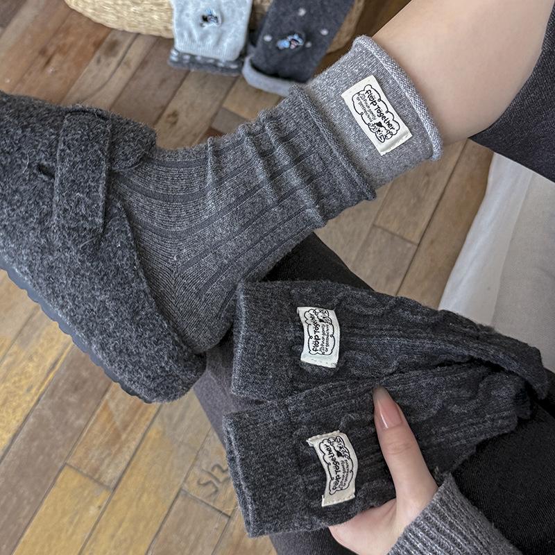 Wool Socks Children'S Stacking Socks Season Thickened Warm Korean Gray Embroidered Cat Striped Cloth Label Medium Tube Socks