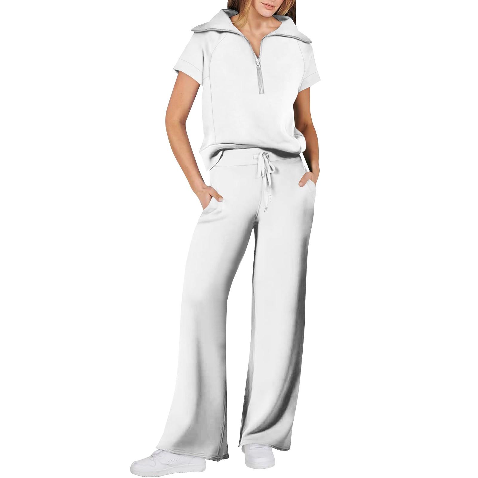 

Женские повседневные спортивные брюки с короткими рукавами, повседневная толстовка на молнии с короткими рукавами, широкие брюки, спортивный костюм XL белый