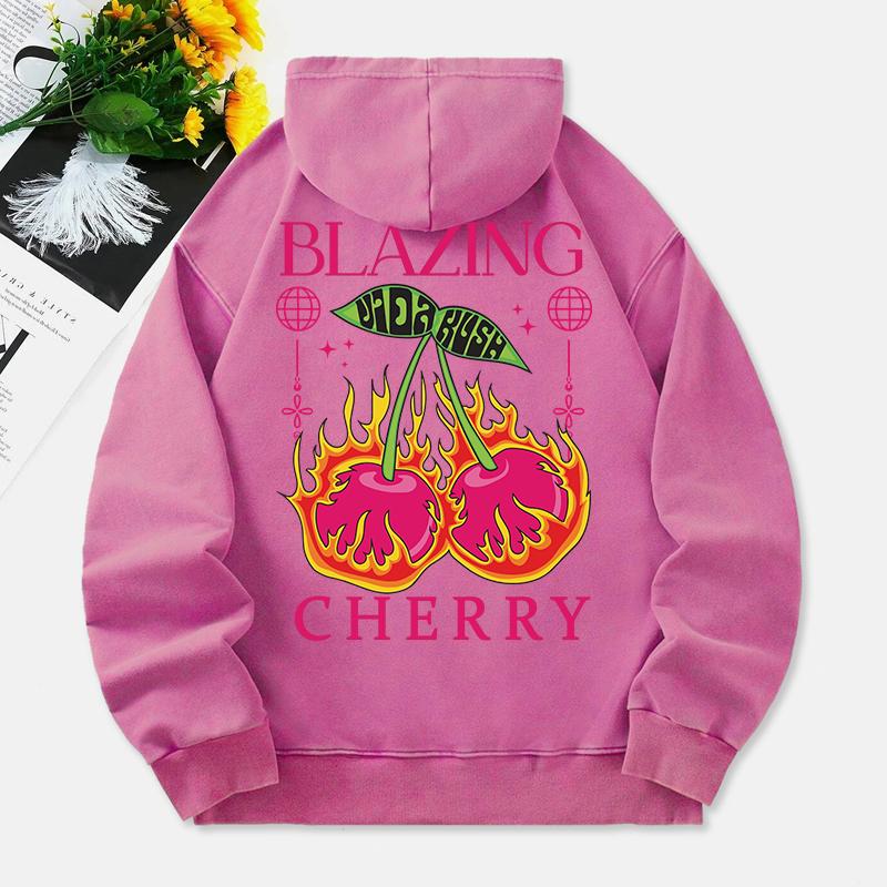 Blazing Cherry Washed Hoodies Women Vintage Prints Cotton Pullovers Distressed Pocket Oversize Hooded Clothes