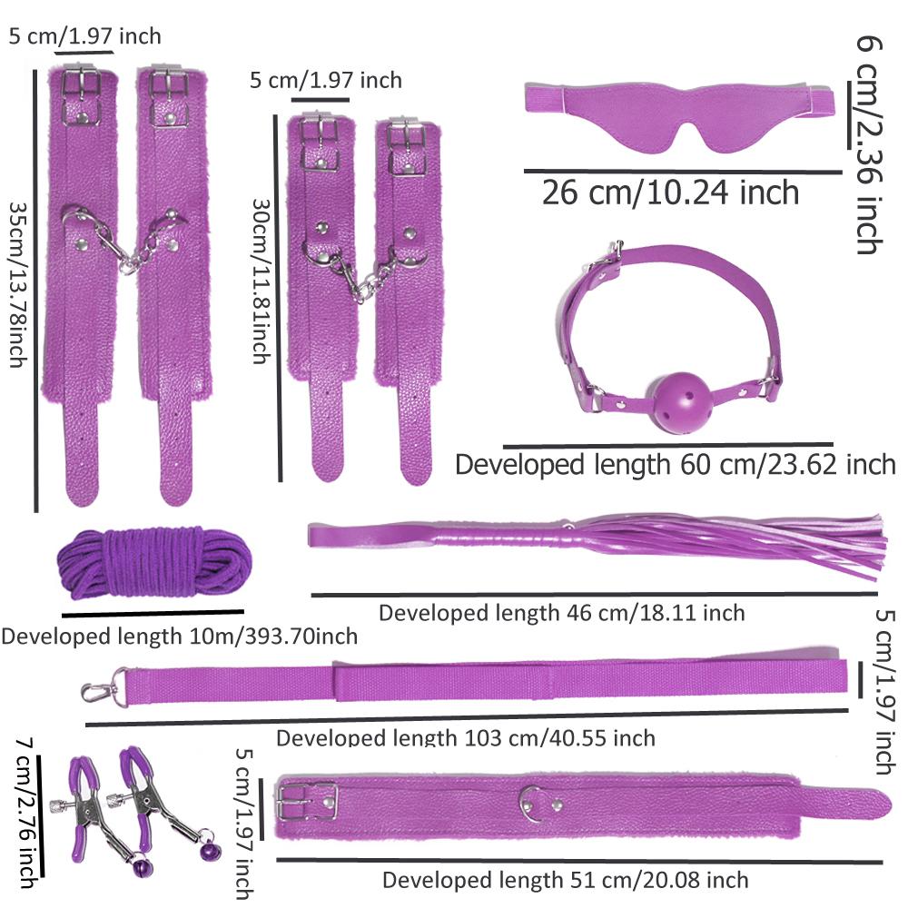 8pcs SM Sex Toy Set, Couple Sex Toys, Collars and Leashes, Handcuffs, Ankle Cuffs, Whips, Mouth Balls, Eye Masks, 10 Meter Rope, Nipple Clip Props