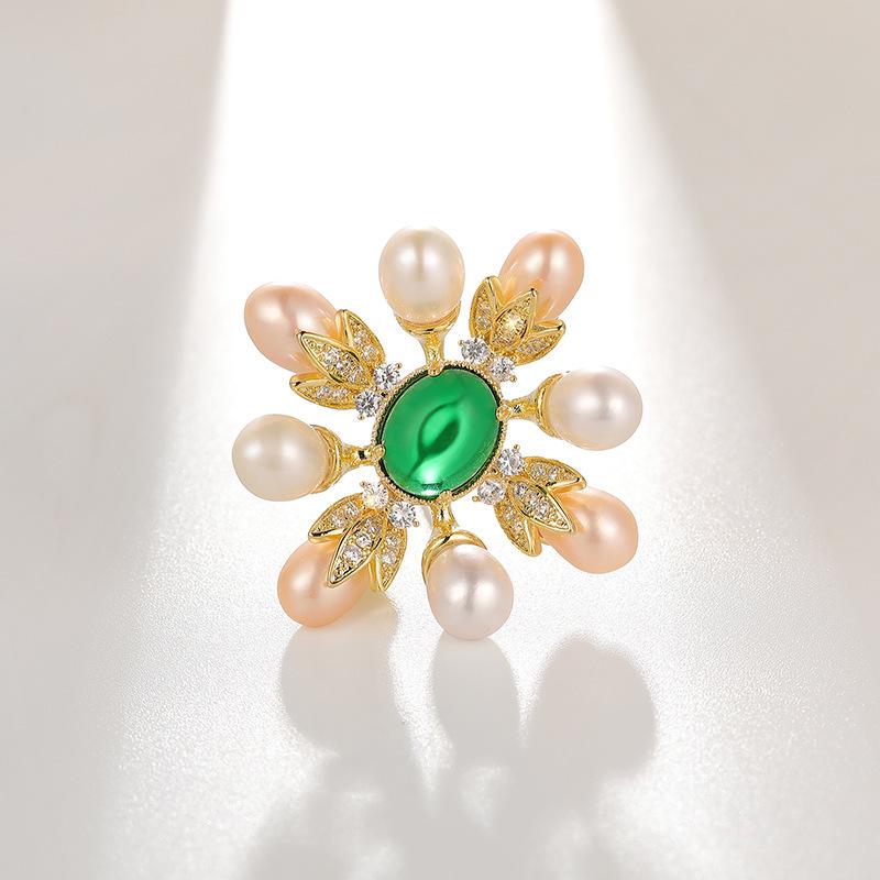 Emerald Zircon Freshwater Pearl Flower Brooch - Luxurious European  American Style Accessory Gift