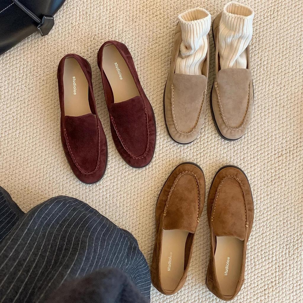 Sheepskin version~ leather round pointed sheep Flat bottom one pedal lazy loafer single shoes women