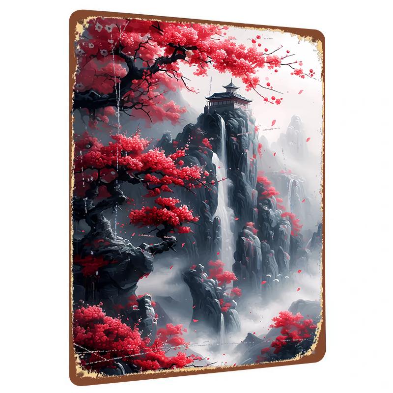 

Chinese Style Landscape Red Maple Waterfall Zen Architecture Metal Iron Painting Living Room Wall Decor 20x30cm（7.8x11.8inch）
