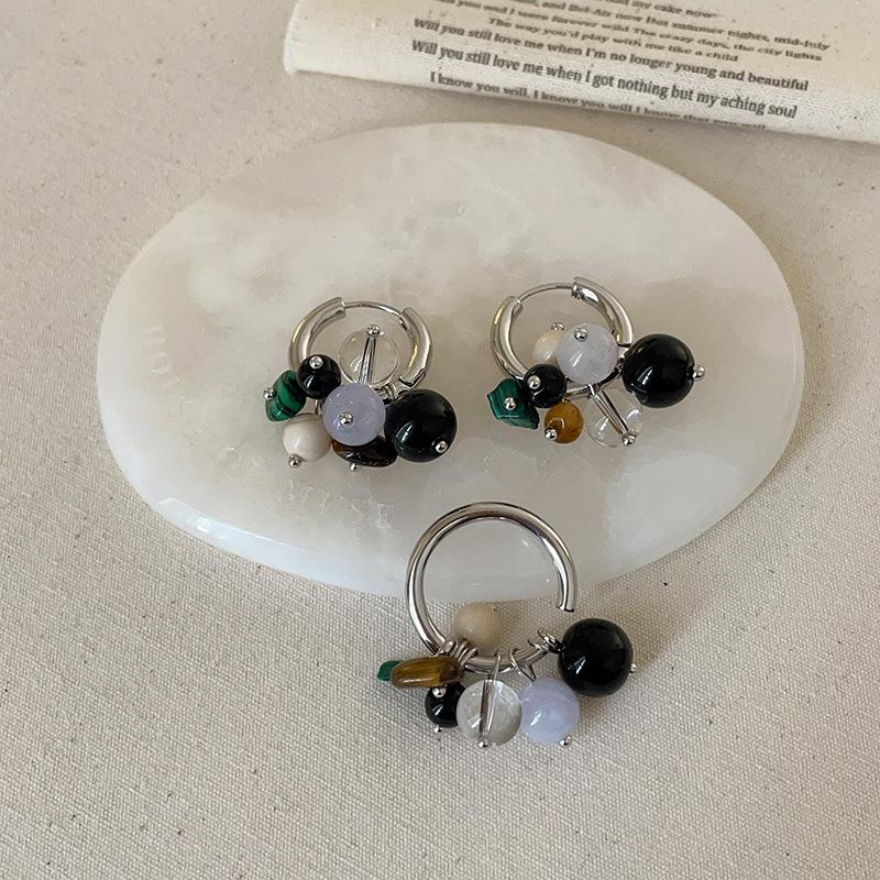 Retro Light Luxury Natural Stone Beaded Fringed Metal Ring Women'S Niche High-End Elegant Versatile Earrings