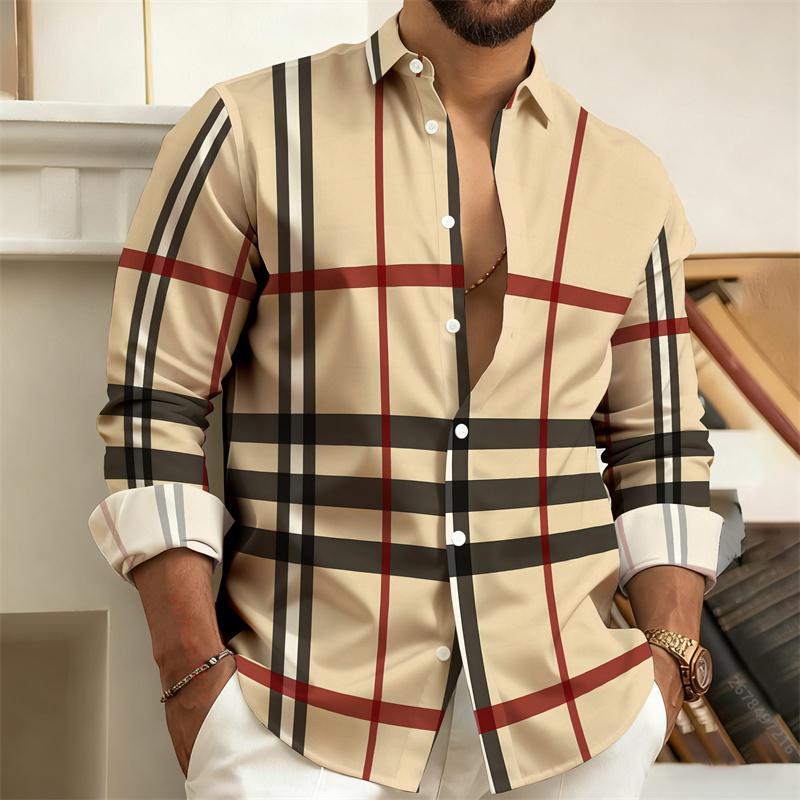 Best-Selling Men's 3D Printed Plaid Long-Sleeved Shirt, Fashionable Men's Shirt, Outdoor Casual Street Style Shirt