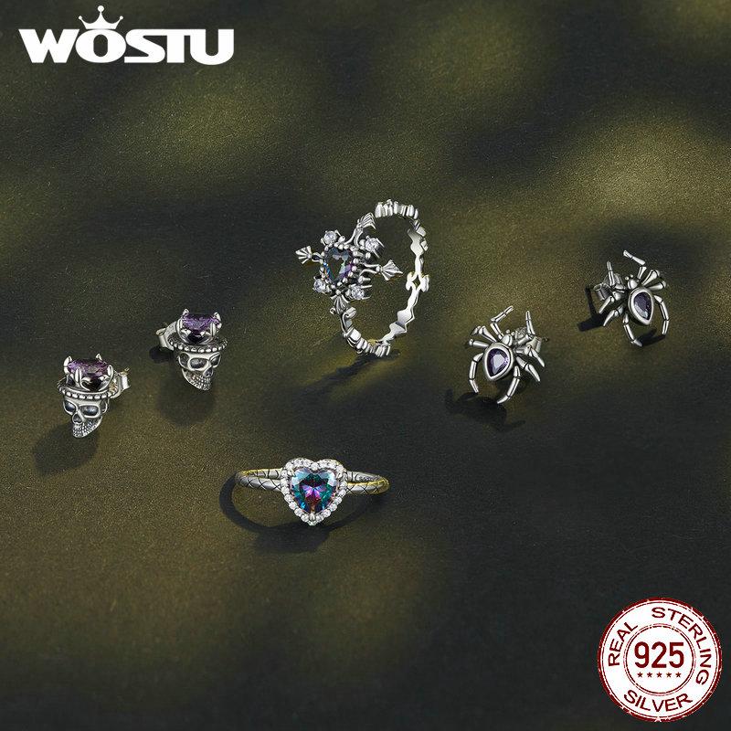 WOSTU 925 Sterling Silver Vintage Spider Stud Earrings Creative teardrop Purple Crystal Insect Ear studs women men Punk Gift New