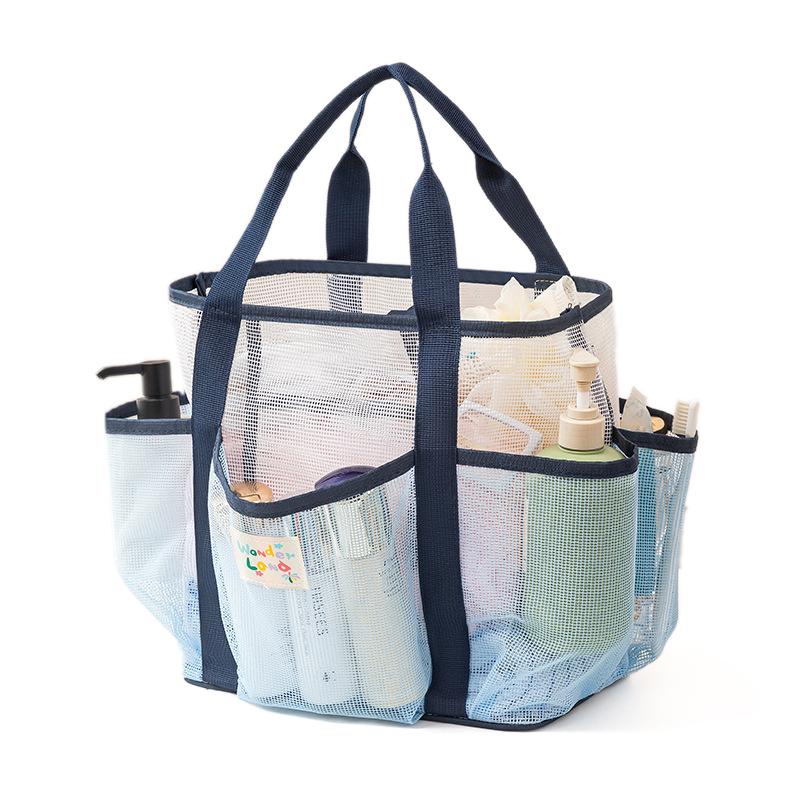 

1pc Double Layer Beach Bag Mesh Breathable Handbag Folding Multiple Pockets Storage Bags Portable Travel Cosmetics Organizer