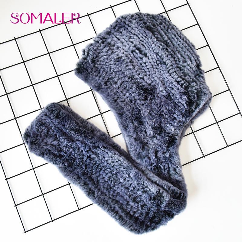SOMALER Vinter kaninpelshue Skjerf for kvinner Russisk stil strikket pelsbeanies og skjerf