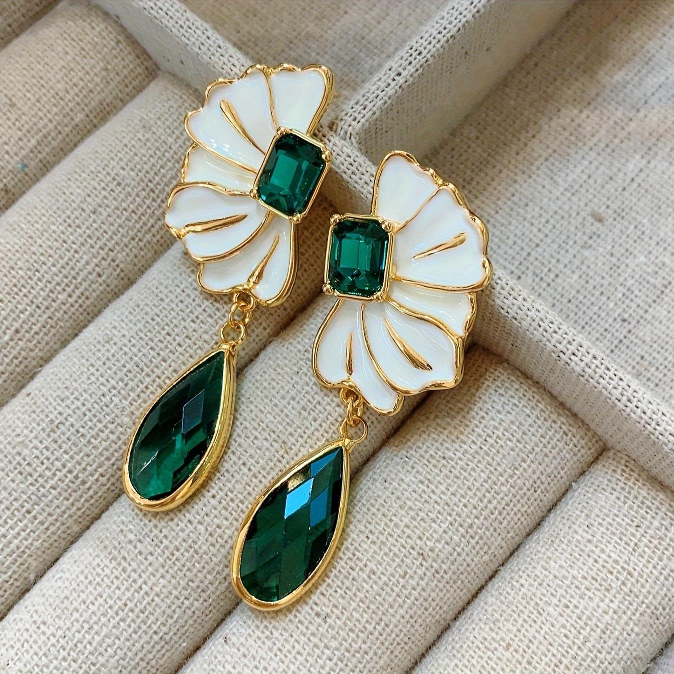 

1 пара элегантных висячих сережек с изящным цветочным и каплевидным дизайном, инкрустированных камнями, подходящих к повседневным нарядам, праздничным аксессуарам зелёный