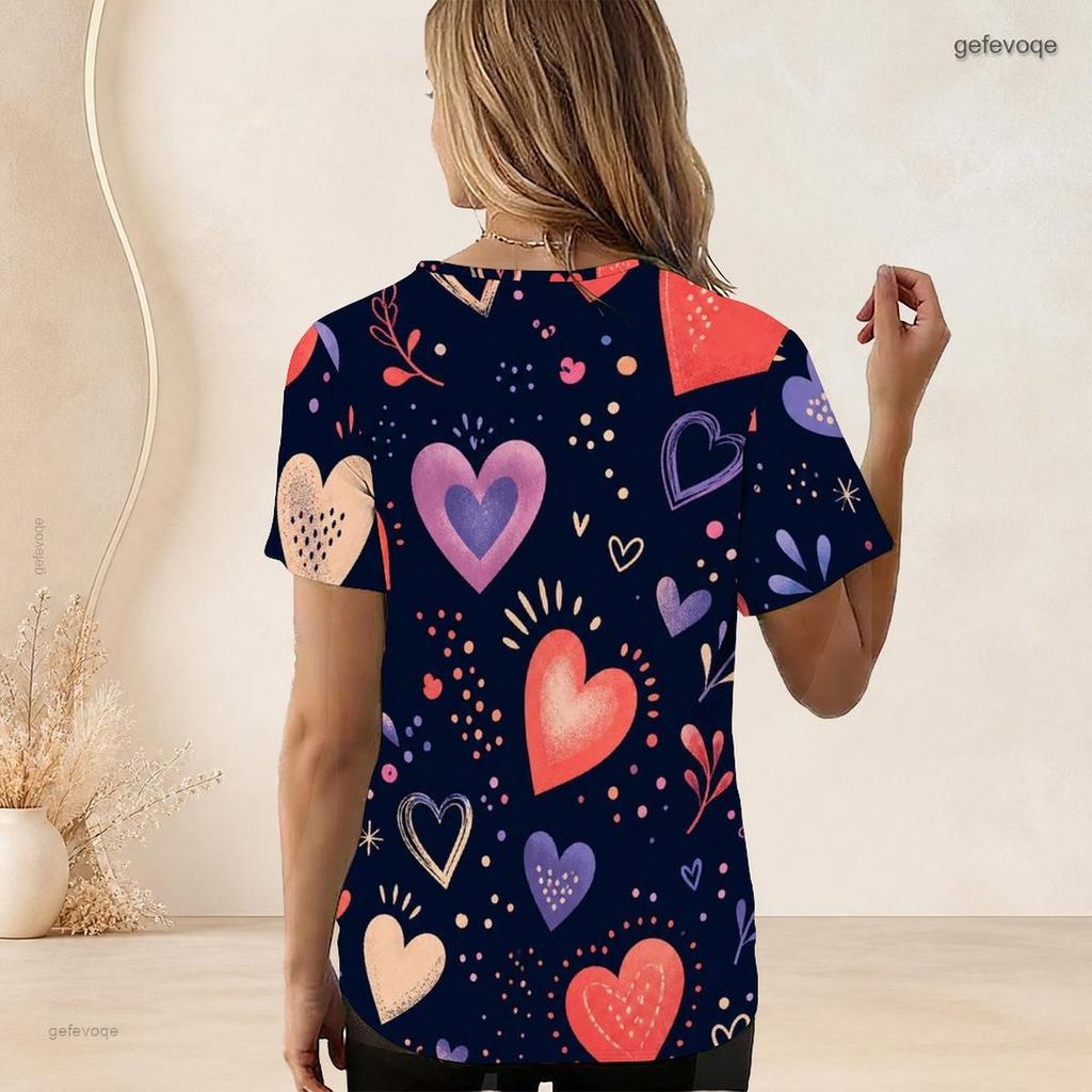 Women Plus Size Short Sleeve U Neck T Shirt Pink Heart Flower Star Dark Background Print Top