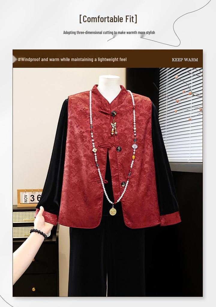 Chinese Style Gold Velvet Plus Size Set for Middle-Aged & Elderly Women - Spring & Autumn Vest for Mother-in-Law Wedding Banquet
