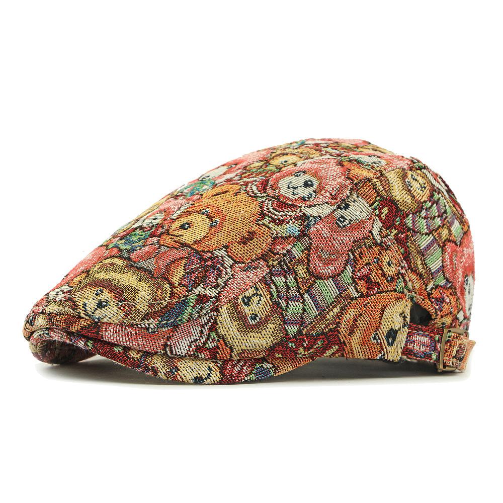 Autumn Winter Jacquard Beret Women British Vintage Peaked Cap Bear Print Cap