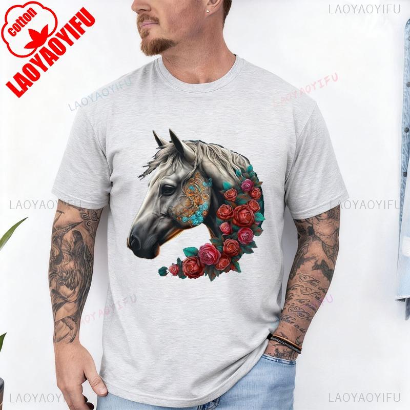 Horse Mandala Flower Animal Motif Horse Cotton TShirt Men and Women Crew Neck Short Sleeve Soft Casual Outdoors Fashion Tees
