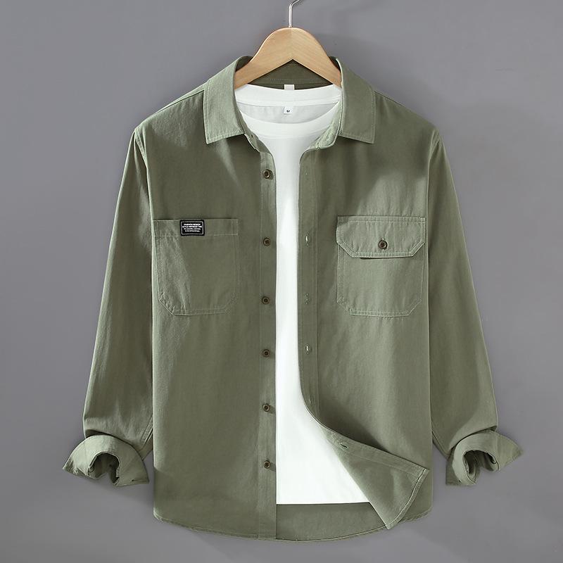 American Retro Style Cargo Long Sleeve Shirt Men Spring Fall Pure Cotton Casual Shirts Double Pocket Square Shirt Fashion Thin Jacket Men