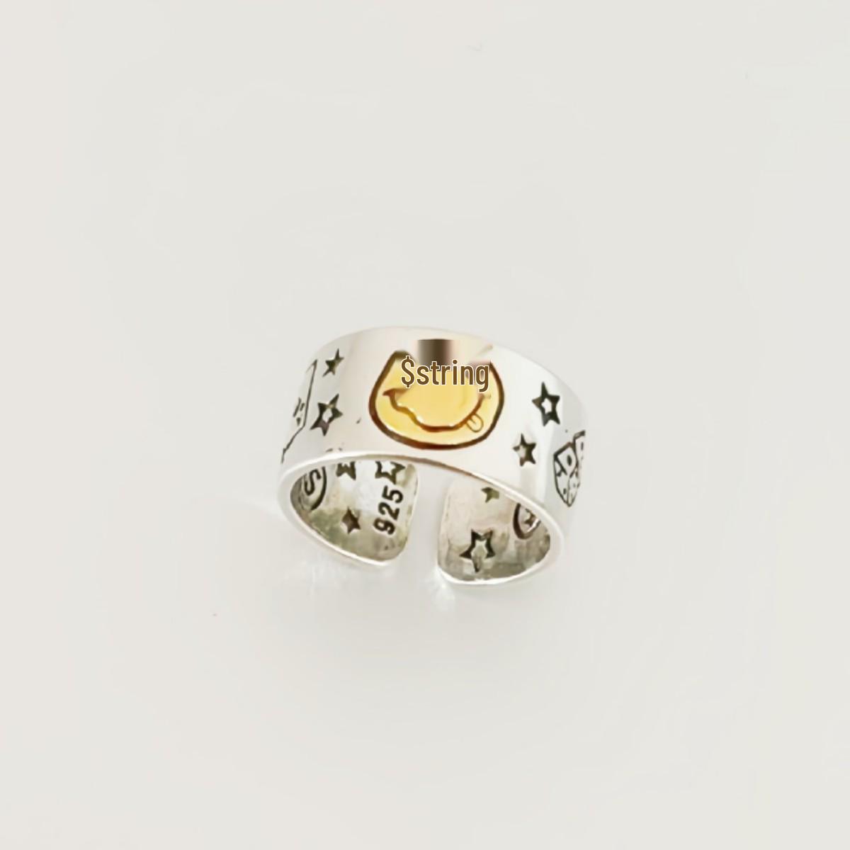 Korean Style Smiling Face Ring with Star Playing Card Design - Open Adjustable