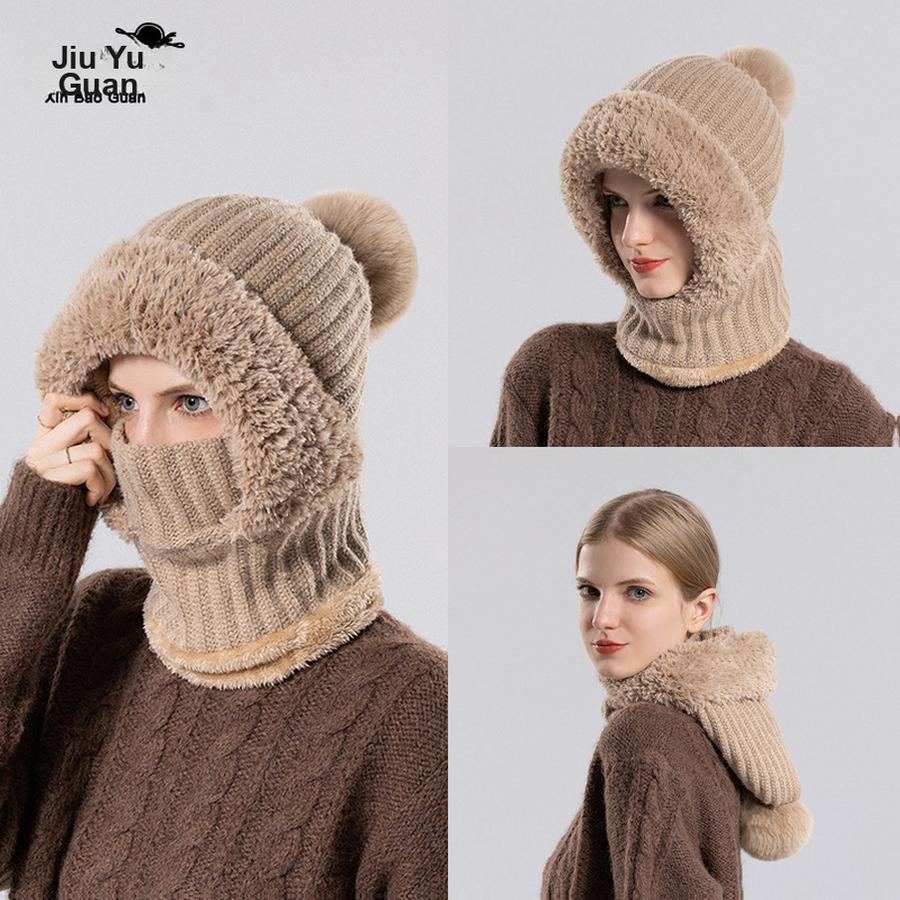 Women's Knitted Hat with Scarf and Mask Set, Winter Warm Fleece Riding Windproof Wool Hat