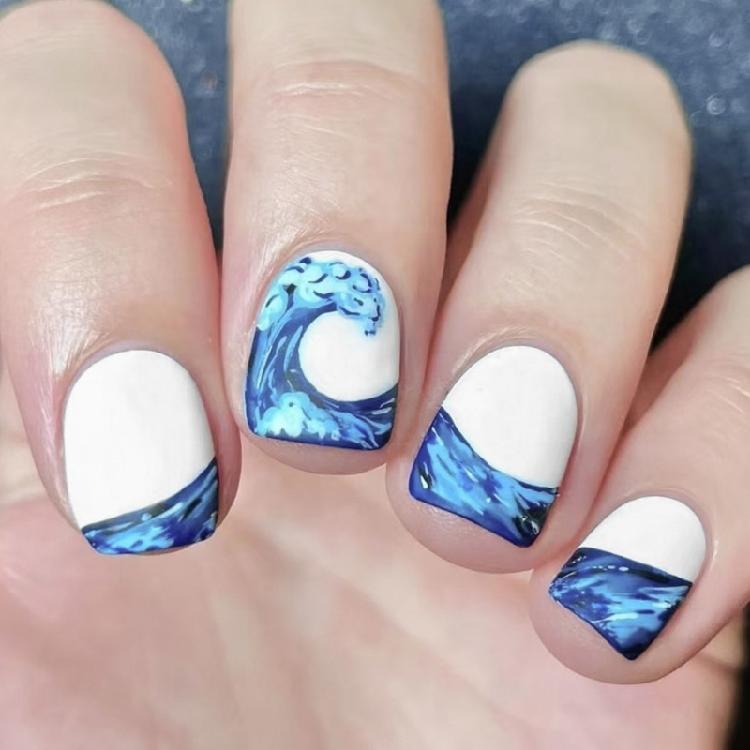 

24 Pieces Press On Nail Blue White Palette With Blue White Waves Accents Short Square False Nail For Modern Women 1