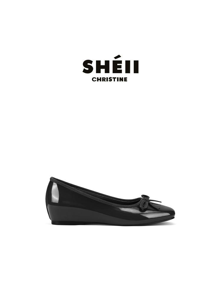 Sheepskin~ The same inner height increase leather square head bow commuter ballet shoes women's flat shoes