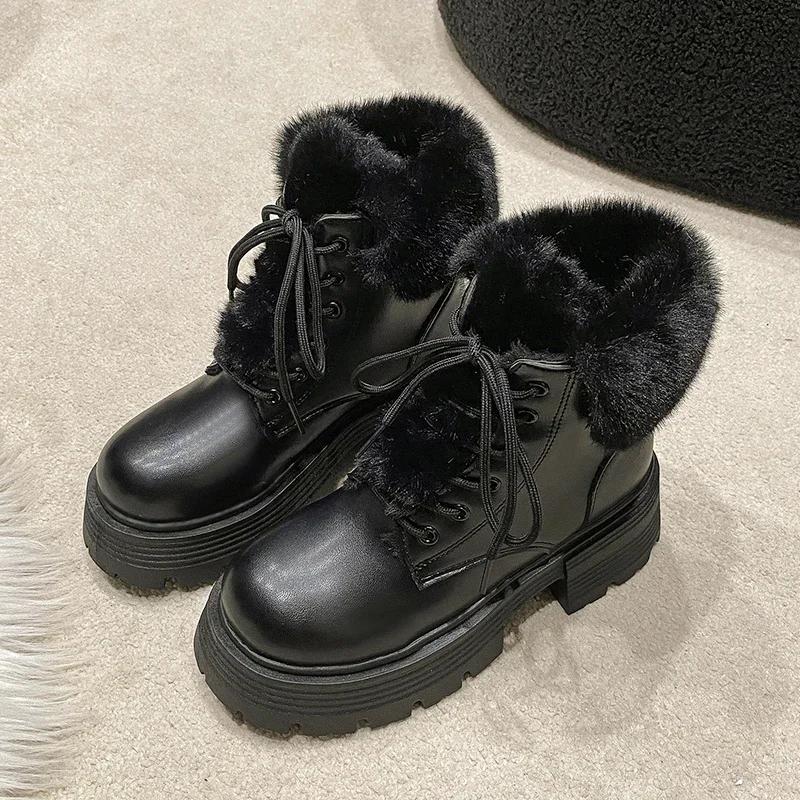 Fashion Winter Fluffy Fur Women Snow Boots Fashion Lace Up Short Booties Comfort Thick Heels Ladies Shoes
