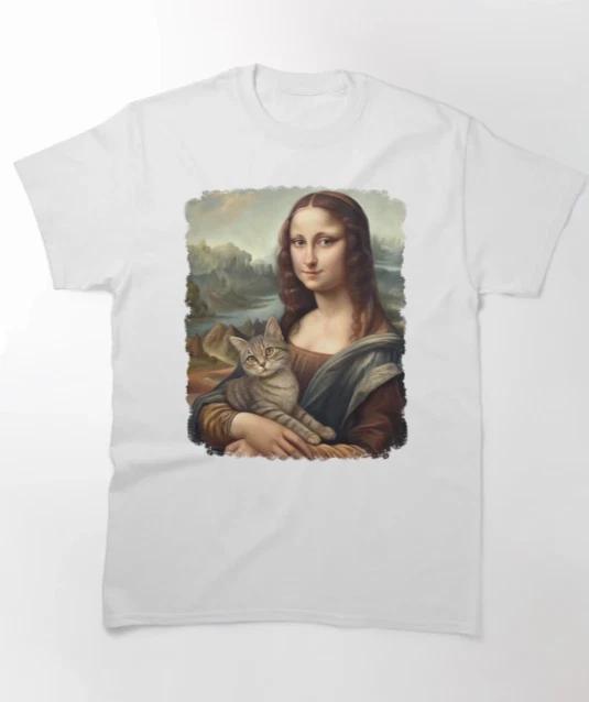 Mona Lisa With Cat T-Shirt Humor T-Shirt 2XL